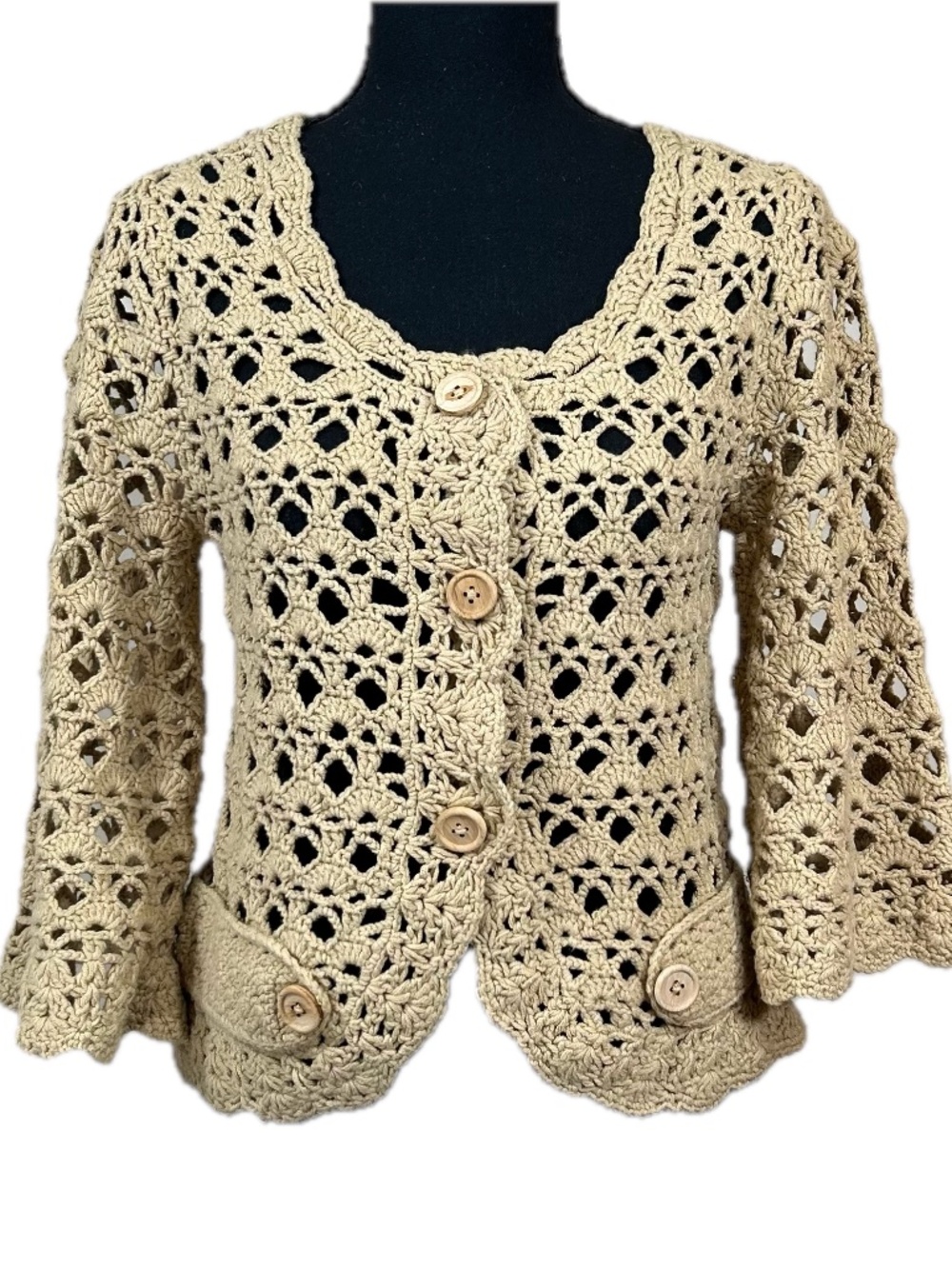 Susan Bristol Vintage Yellow Cottagecore Crochet Knit Cardigan Size S